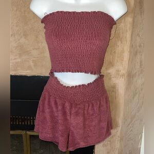 Bozzolo Smocked Tube Top & Shorts Set | Mauve 2-Piece Lounge Outfit (Medium)